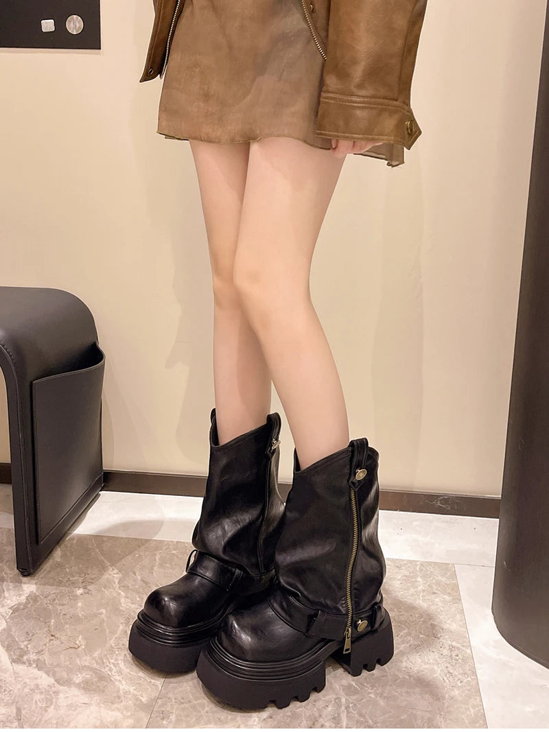 Designer Vintage Women Ankle Boots Fashion Slip On Knight Short Booties Ladies Casaul Platform Heels Botas Mujer