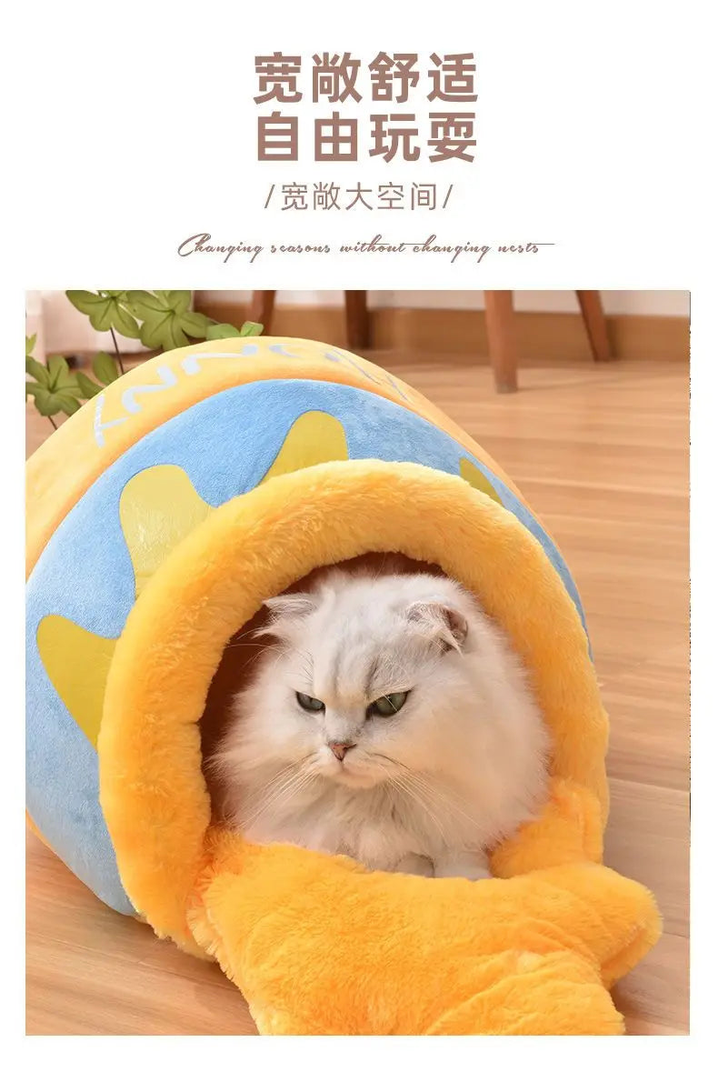 Autumn/Winter Trendy Honey Jar Cat House - Enclosed and Insulated Small Dog Kennel for All Seasons Pet Bed