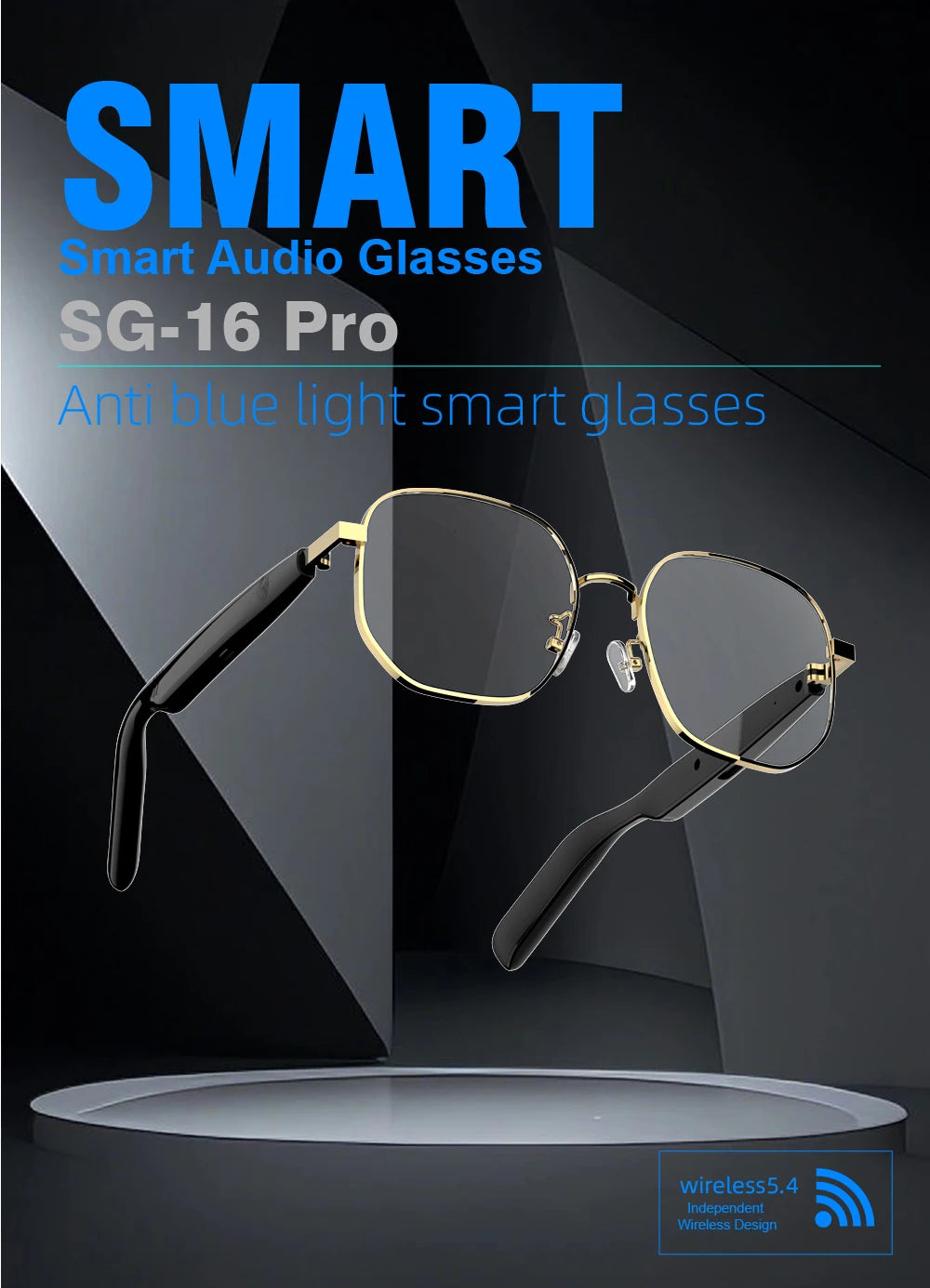 SG-16Pro New Trendy Smart Glasses Anti Blue Light Gold frame Sunglasses Music Stereo For Jogging Workouts SG16 PRO