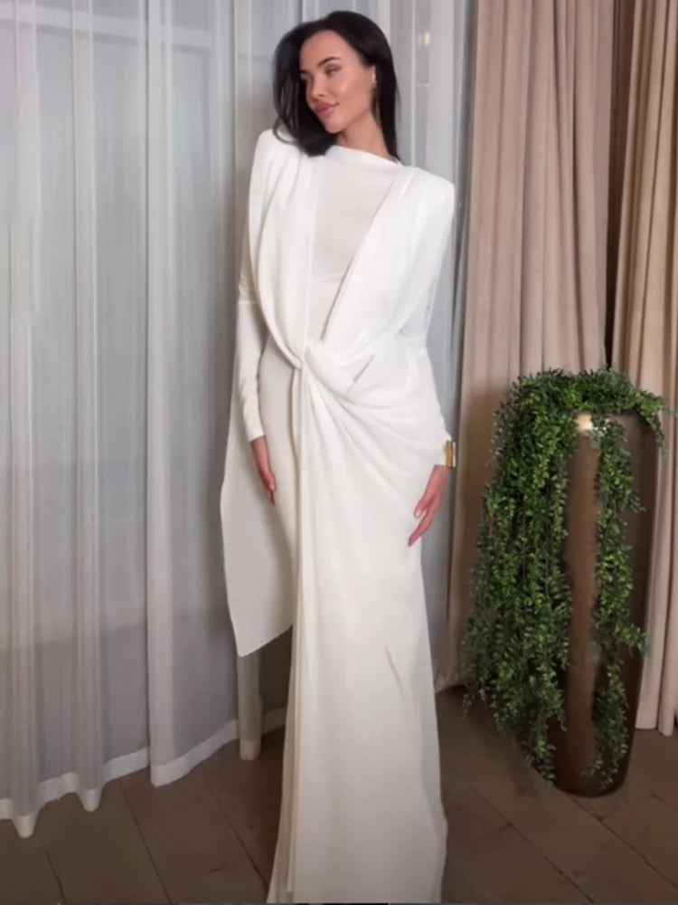 Sisterlinda Shawl Patchwork Dress Women Swing Bandage Ruched New Style Sexy Evening Prom Party Stretch Slim Elegant Maxi Bodycon