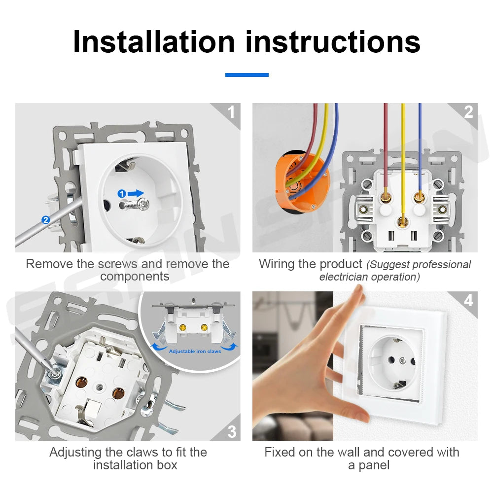 VISWE EU Standard  Electrical sockets 220V 16A Full Mirror Tempered Glass Panel Multiple Black Socket Wall Home Improvements