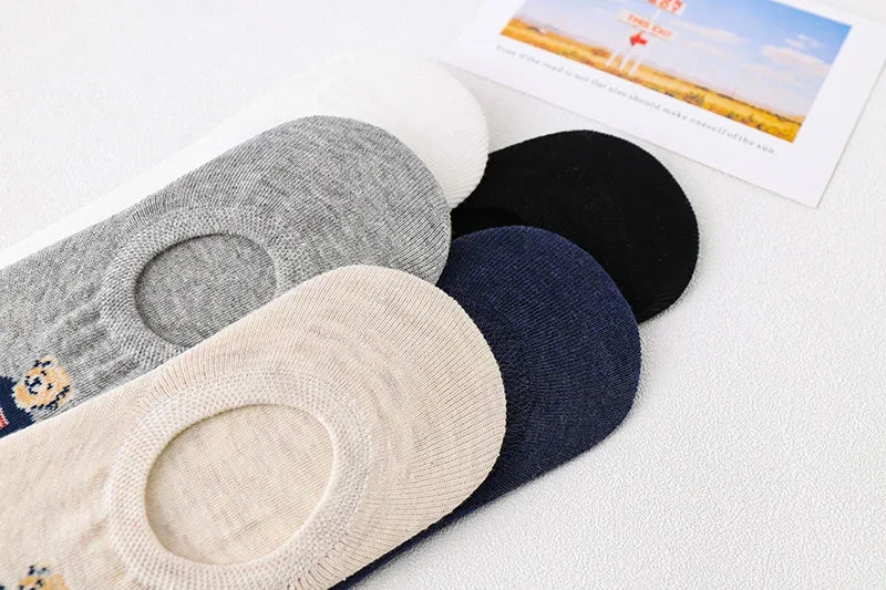 5 Pairs Unisex Men Socks 5 Colors Summer New Cartoon Bear Cotton Boat Socks Light Comfortable Sweat-absorbent Invisible Socks