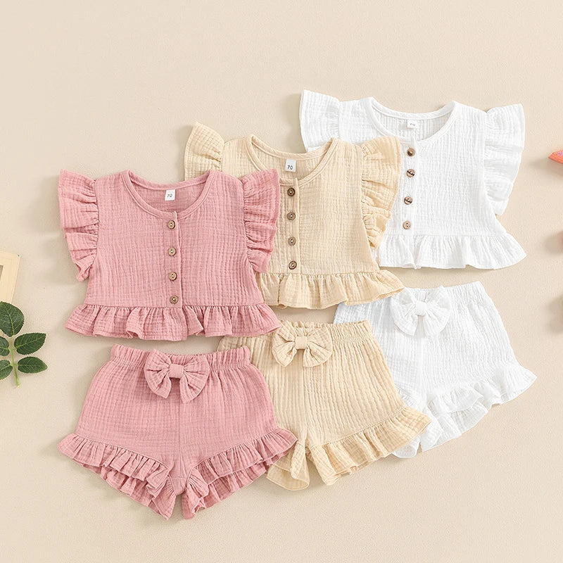 Pudcoco Little Girl 2 Piece Summer Set, Fly Sleeve Button Down Ruffled Tops Bow Elastic Waist Shorts Baby Toddler Set 6M-4T
