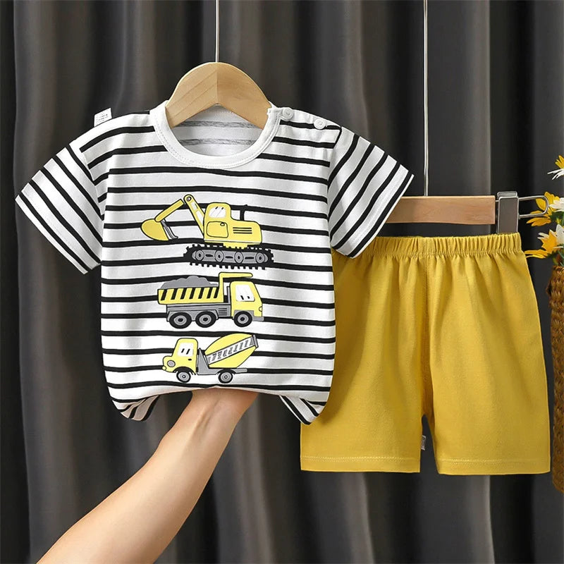 Kids Stripe T-Shirt + Shorts 2-Piece Clothing Set Summer Baby Boy Girl Cotton Cartoon Pajama Casual Tracksuit Clothes Suit 0-6 Y