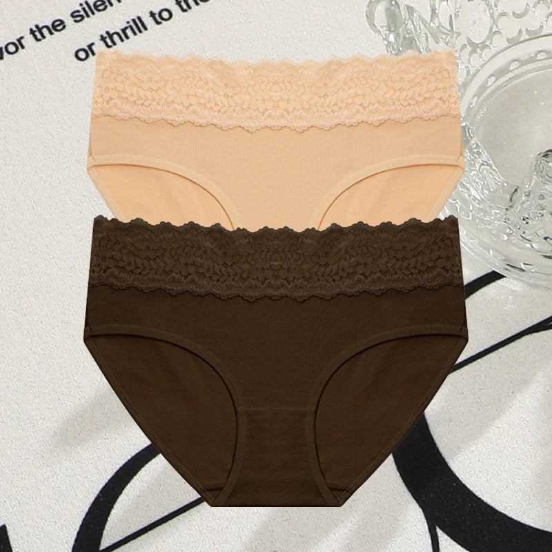 FINETOO 2Pcs Women Cotton Seamless Underwear Sexy Lace Waist Patchwork Panties Female Solid Briefs Plus size Breathable Lingerie