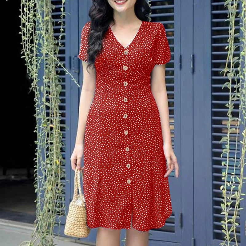 ZANZEA Women Summer Casual Dress 2025 Short Sleeve Polka Dot Bohemian Holiday Sundress V-Neck Loose Buttons Beach Vestidos Robe