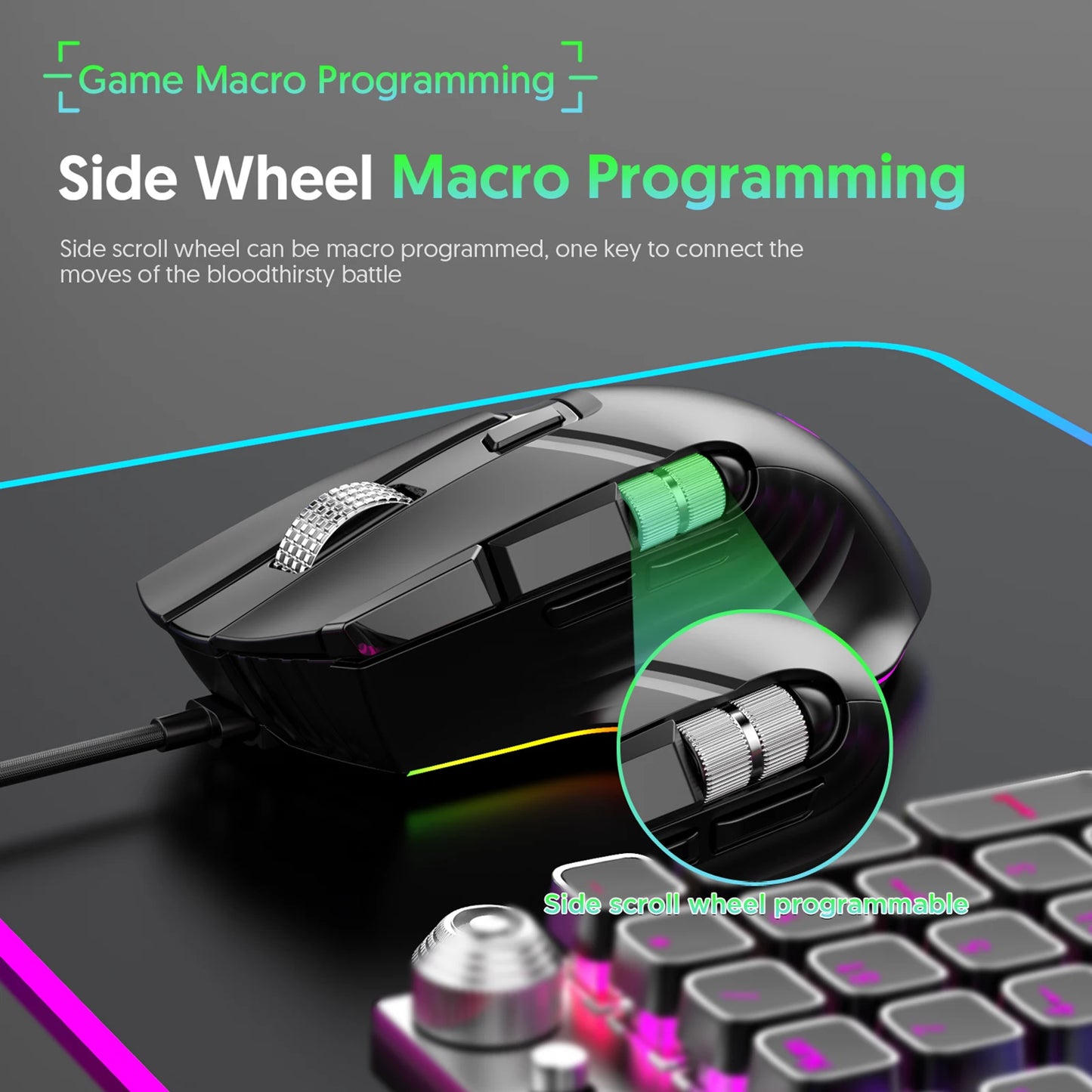 RGB Wired Gaming Mouse 7 Lighting Modes Dual Scroll Wheels Macro Programmable 1200-12400 DPI Ergonomic Design for PC Gamer
