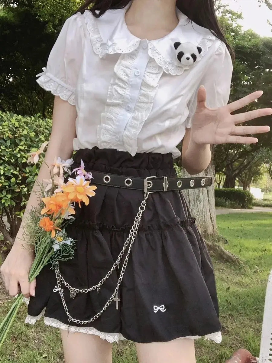 Deeptown Kawaii Lolita Blouses White Women Cute Lace Tops Ruffle Shirts Vintage Puff Sleeve Japanese Preppy Style Sweet Tops