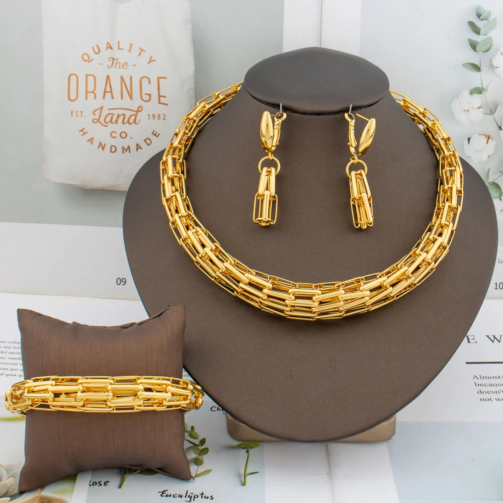 Dubai Jewelry Set Women Fashion Color Thick Necklace African Earrings Bracelet Ring Bride Banquet Wedding Party Jewelry