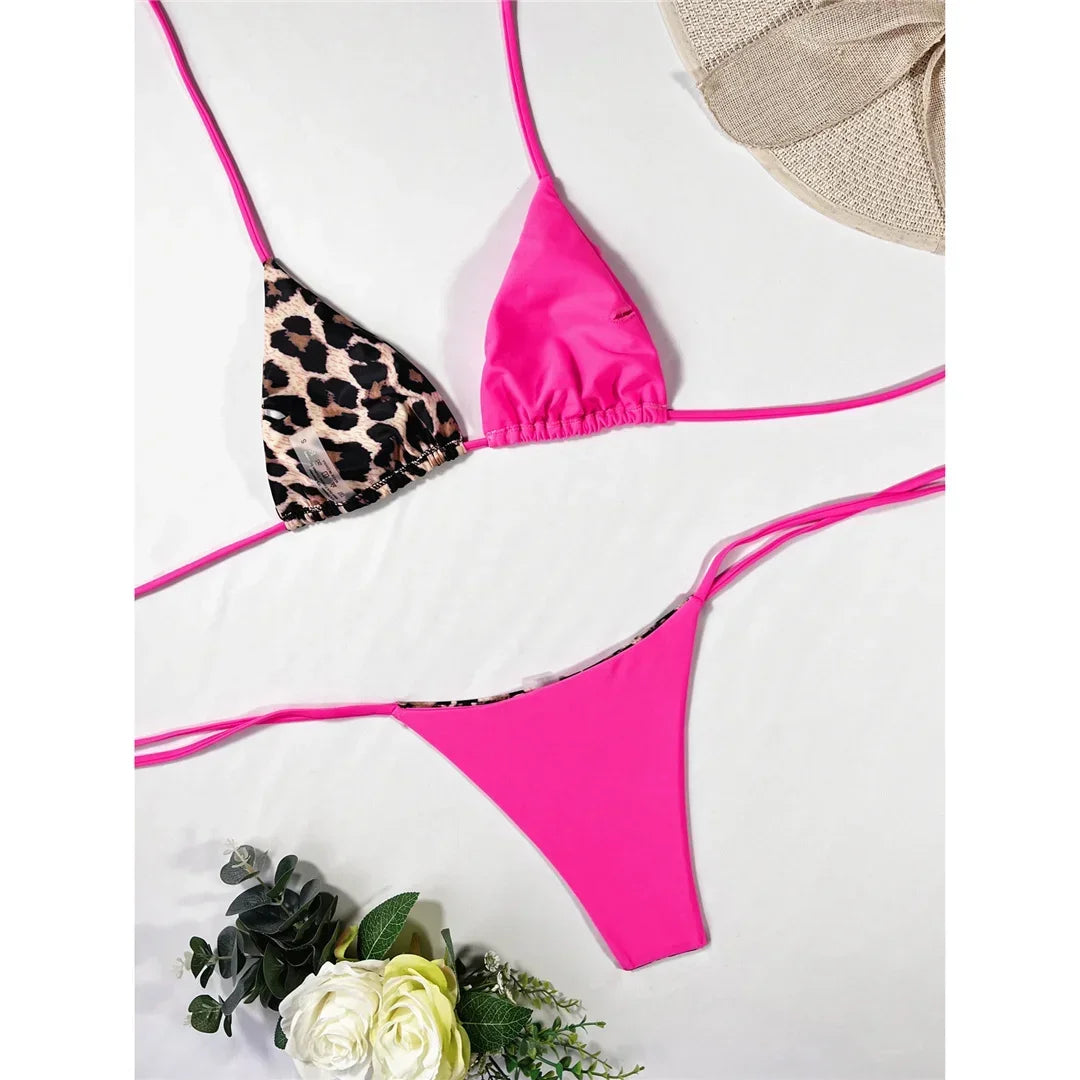 Halter Splicing Leopard Bikinis 2026 Satin Bikini Female Swimsuit Women Swimwear Two-pieces Bikini Set Micro Bathing Suit Swim