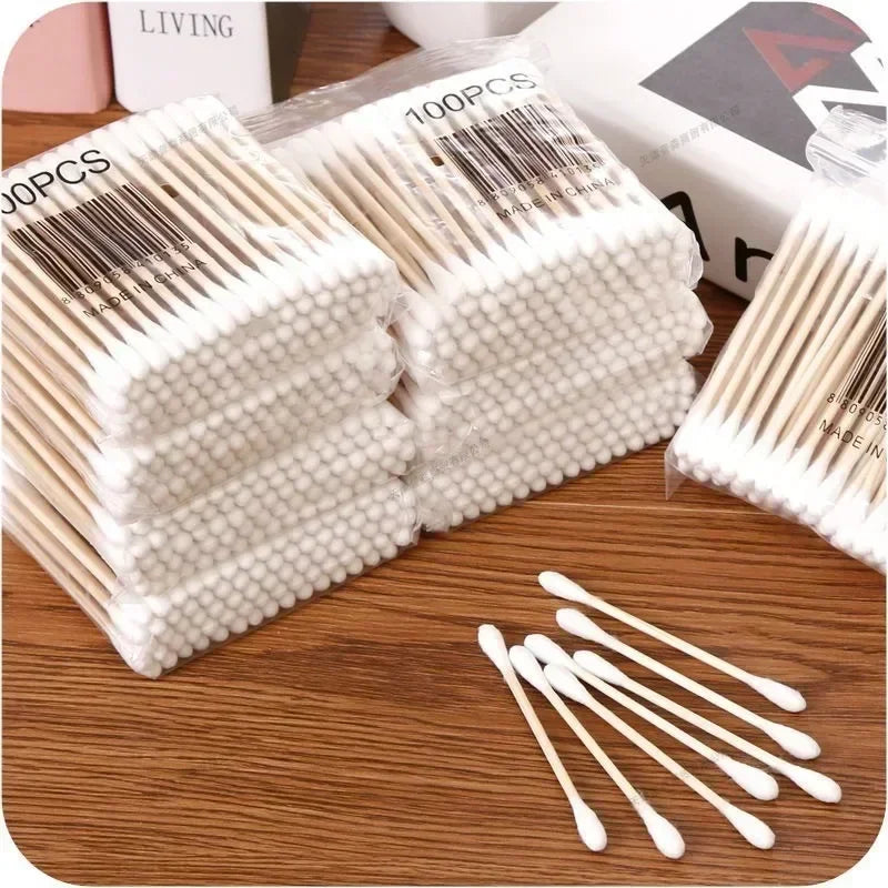 100Pcs/Pack Baby Cotton Swabs Wooden Stick Soft Tip Buds for Ear Nose Cleaning 1-20 Packs Infants Kids Hygiene Care Beauty Tools