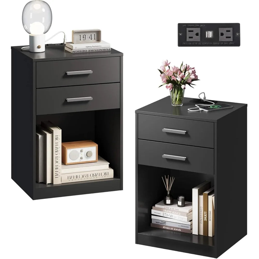 Nightstand Set of 2 with Charging Station,Wood Night Stand Sets with2 Drawers and Open Shelf,Bed Side Tables Bedroom,Living Room