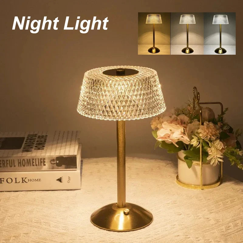 Classic LED Cordless Table Lamp USB Rechargeable Night Light Coffe Bar Touch Dimming Desk Lamp Bedroom Decor Crystal Table Lamps