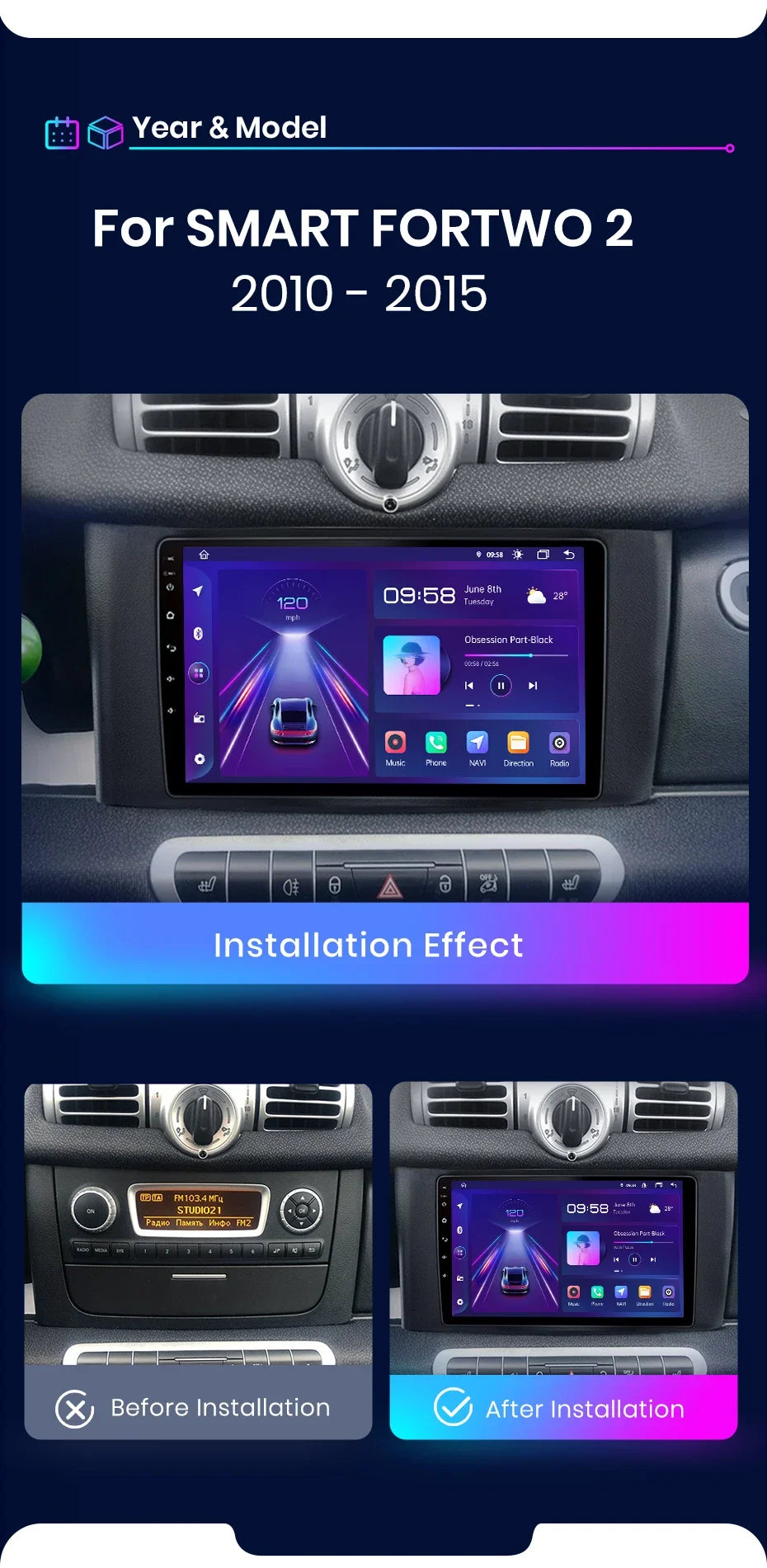Junsun Wireless CarPlay Android Auto Radio For Smart Fortwo 451 2005 - 2015 Car Intelligent Systems RDS BT DSP 2 din autoradio