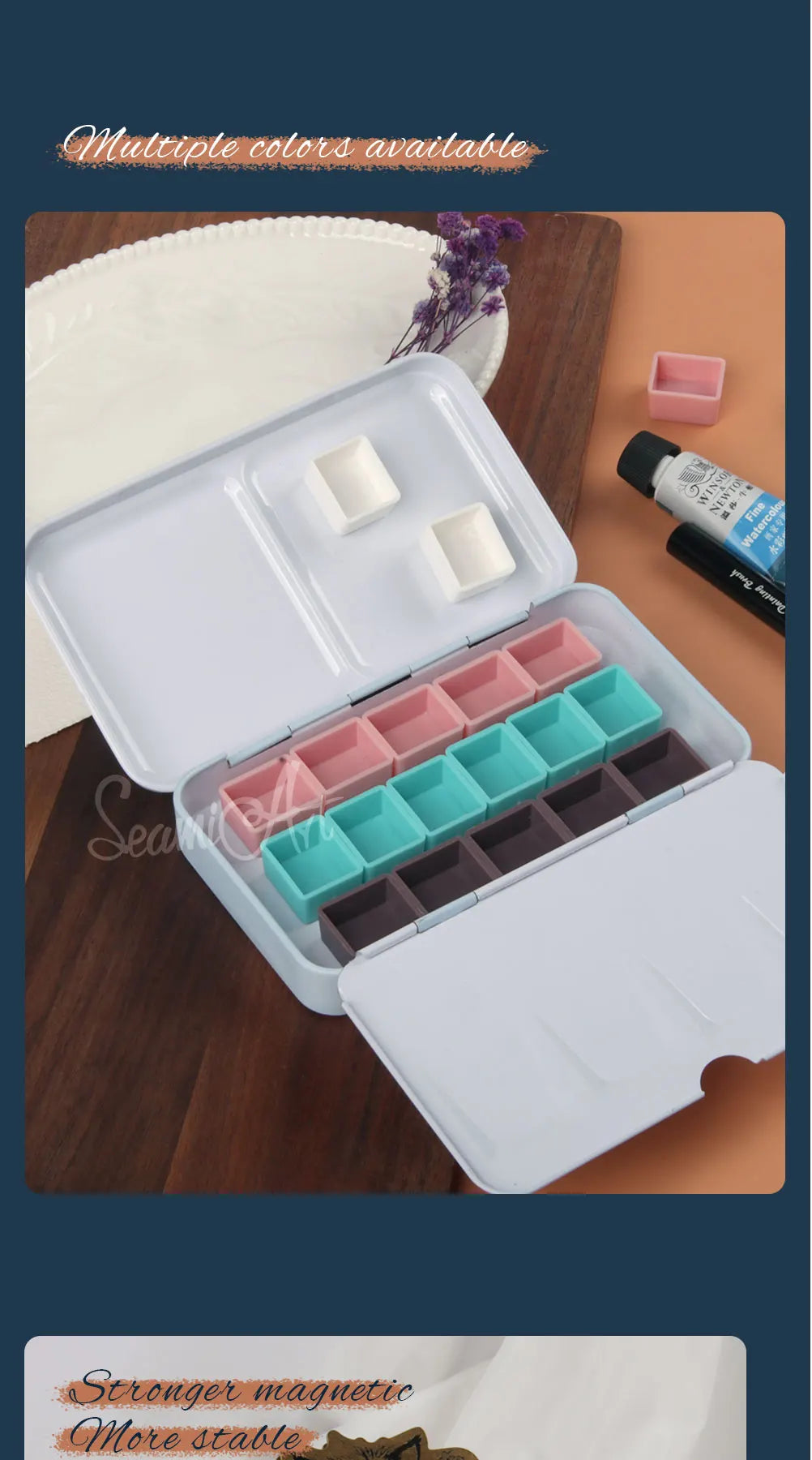 SeamiArt 50pcs Magnetic Half Pans Four colors for Watercolor Tube Subpackage Tin Box Palette Painting Tools Art Supplies