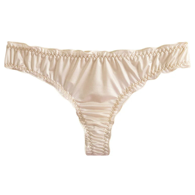 New Women's Underwear Thong Thin Seamless Panties Low Waist Ice Silk Ruffle Satin Elastic Brief Female Breathable Underpants