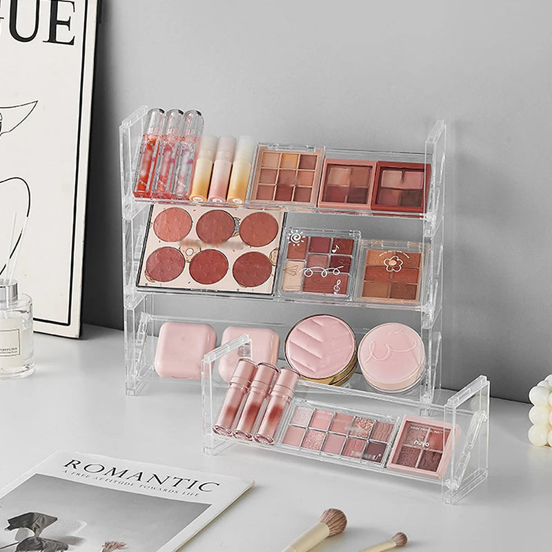 3-Layer Acrylic Cosmetics Rack: Eyeshadow/Blush Tray + Desktop Sundries/Toys Organizer