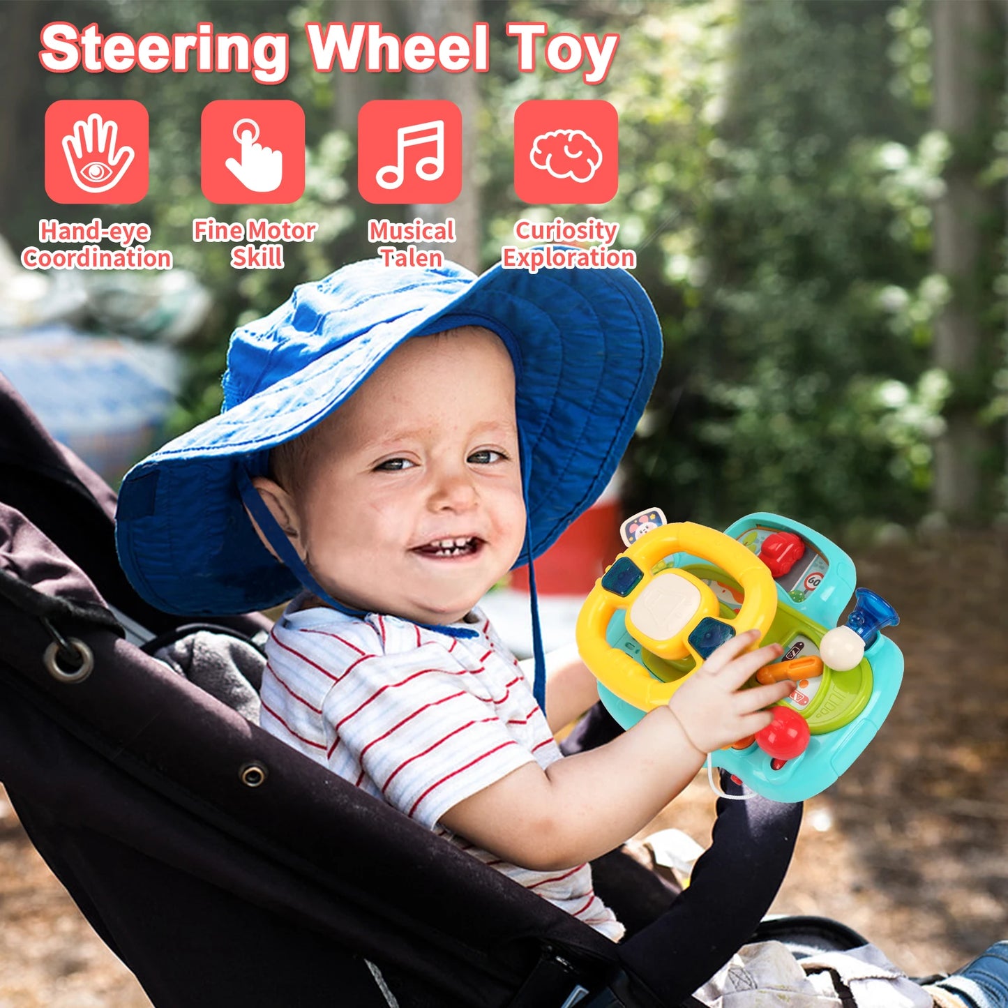 Baby Electric Steering Wheel for Car Seats and Stroller Simulate Driving Vocal Toys for 0-36 Months Toddlers Educational Toys