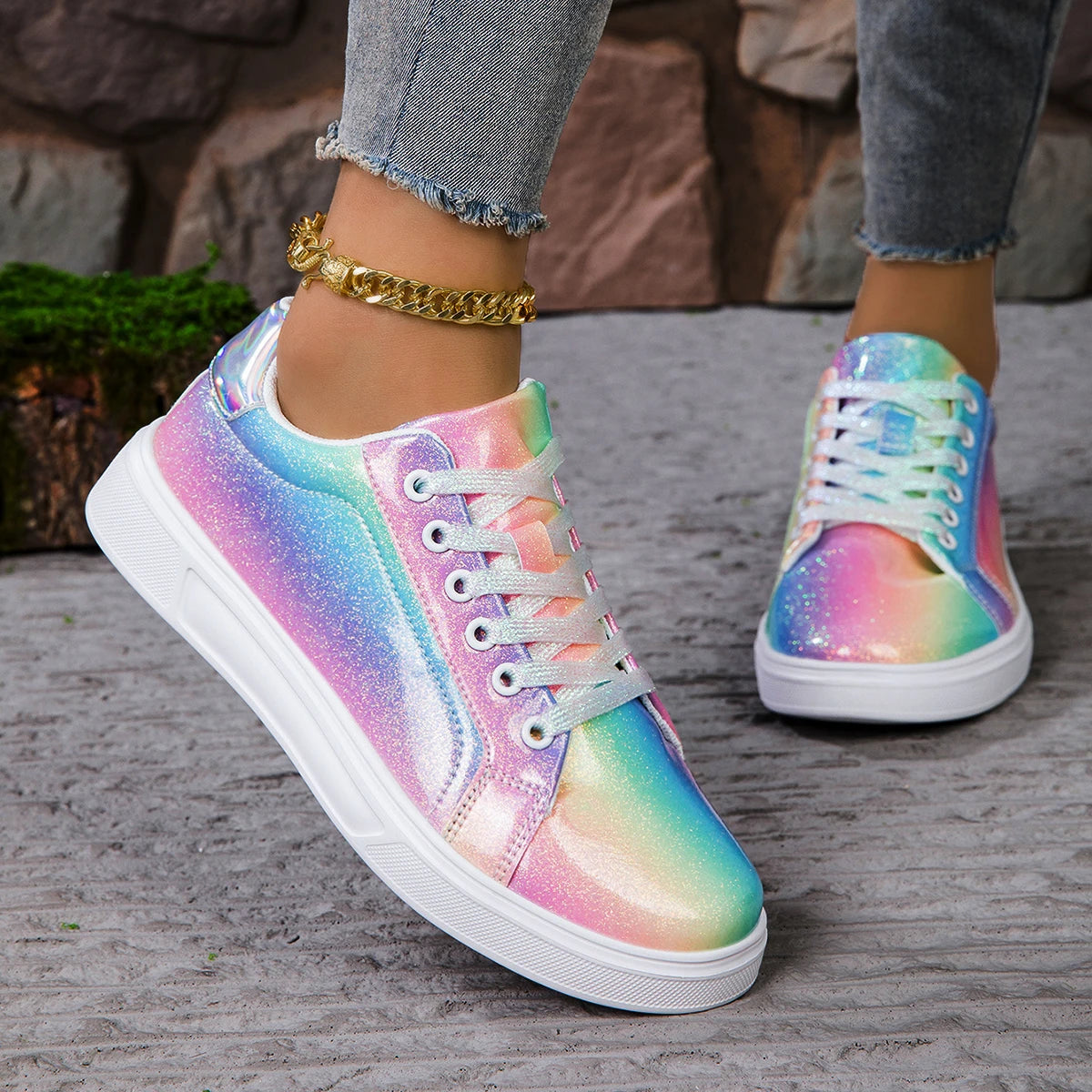 Women Shoes Spring Skate Shoes New Fashion Women Creative Rainbow Colors Sports Shoes Comfortable Tennis Sneakers
