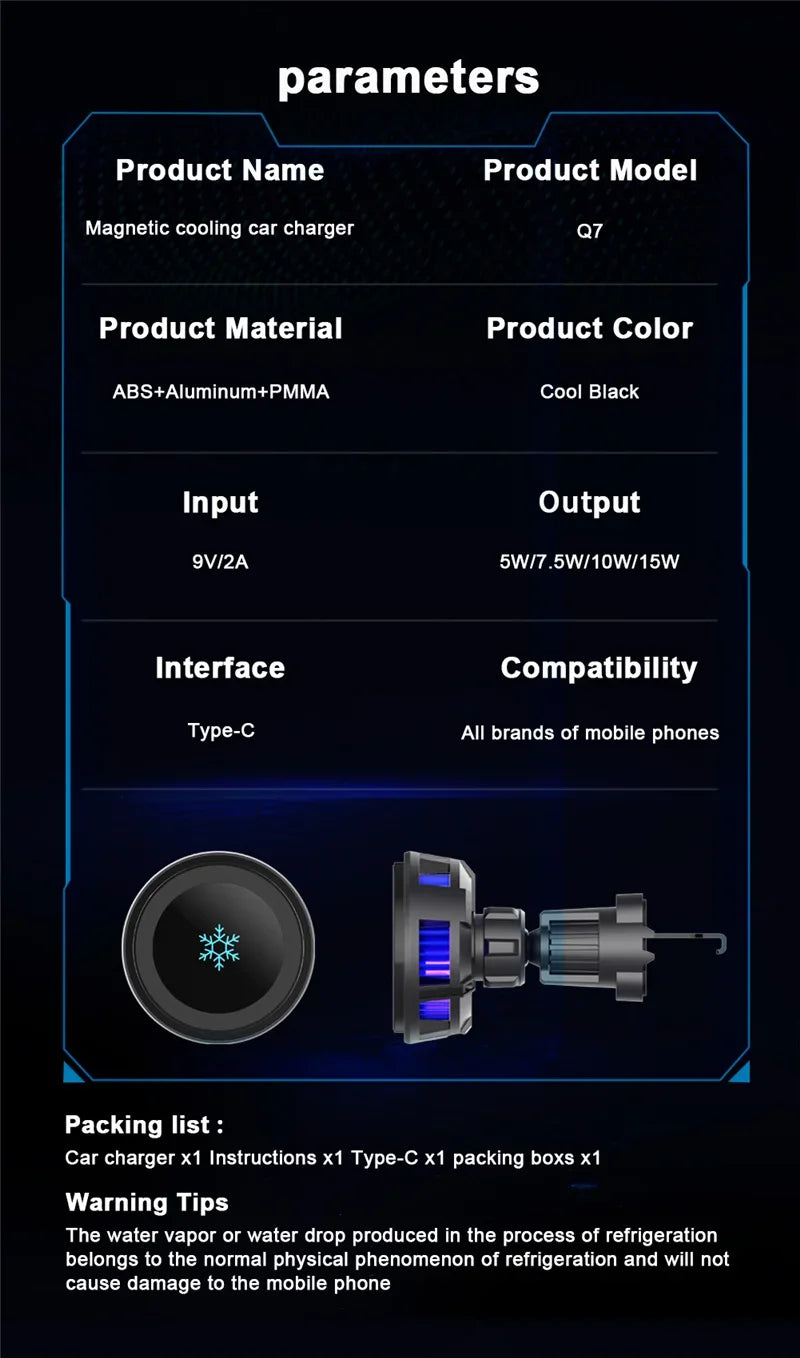Car Wireless Charger Cooling Magnetic Car Phone Holder Mount Fast Car Charging Stand for Macsafe iPhone 15 14 13 12 Pro Max Mini