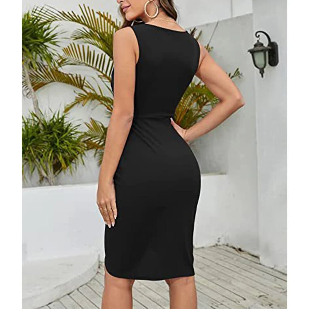 Sexy V Neck Sleeveless Irregular Hem Bodycon Dress for Women 2023 Solid Commuter Elegant Cocktail Evening Party Dresses Vestidos