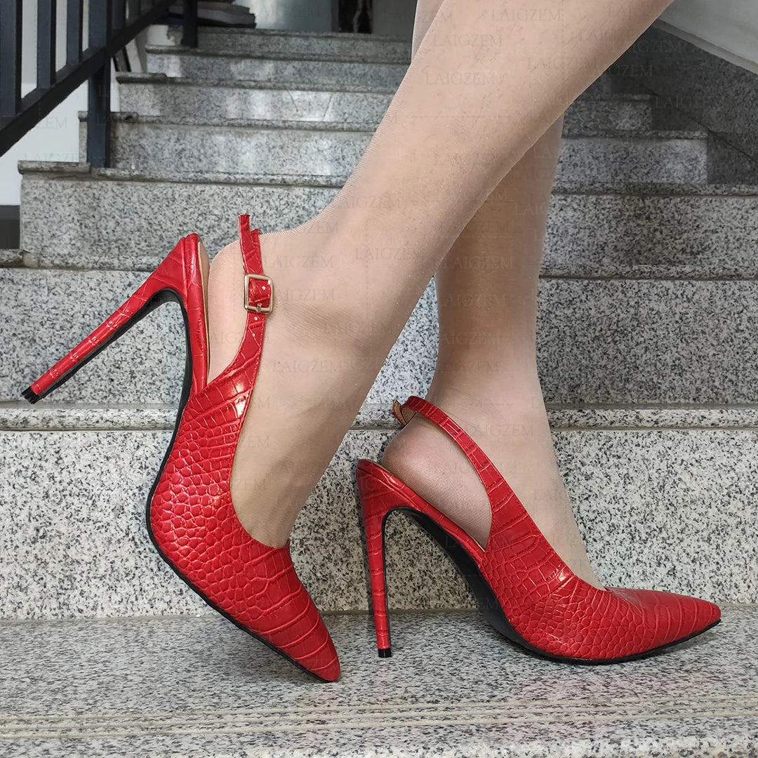 LAIGZEM Women Pumps Pointed Toe Buckle Strap Thin High Heels Sandals Crocodile Print Party Prom Shoes Woman Large Size 41 45 47