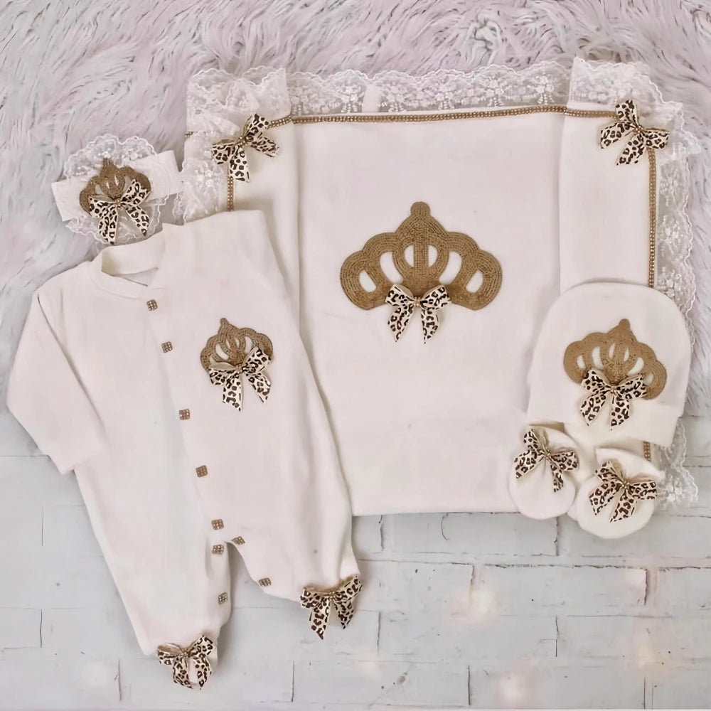 Dollbling Newborn 5pcs Layette Outfits Set Baby Tuxedo Outfit 0-3M Handmade Embroidery Wheat Jewels Crown Parajams Gift Set