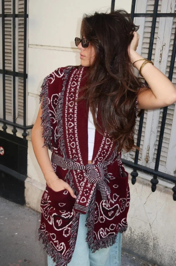 Women's Print Fringe Knitted Vest Coat Fashion Sleeveless Tie Waist Pocket Cardigan Sweater Lady 2025 Autumn Casual Outerwear