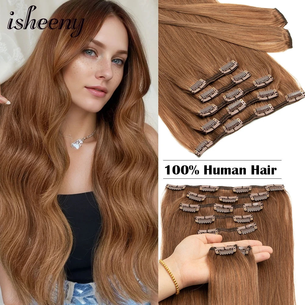 Isheeny 12"-24" Clip In Human Hair Extensions Brazilian Remy Natural Clip Human Hair Extension Real Natural Clip On 50G-120G NEW