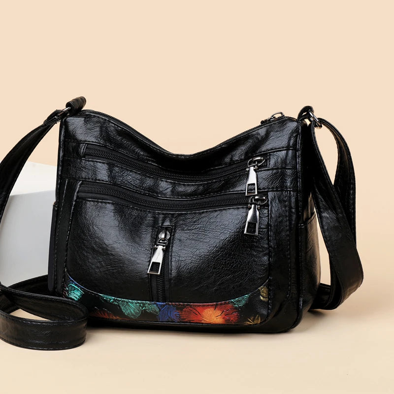 Luxury Soft Leather Women Messenger Shoulder Handbags and Purses Flowers Multi-pocket Crossbody Mommy Bag Ladies Sac 2022 New