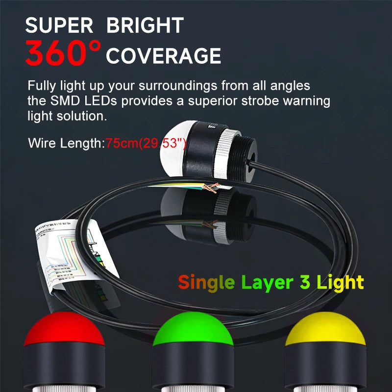 30mm Mini Tri‑Color LED Warning Light 12V24V Waterproof Signal Indicator Lamp for CNC Machine Tool Equipment Industrial Machiner