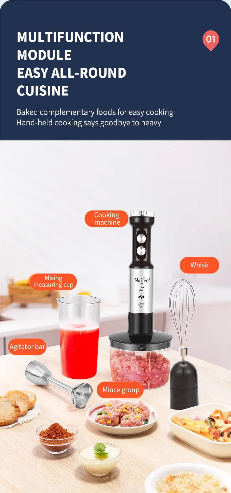 1000W Powerful Motor Handheld Blender Electric Mixer with Infinite Speed Control, Portable Kitchen Blender for Smoothies