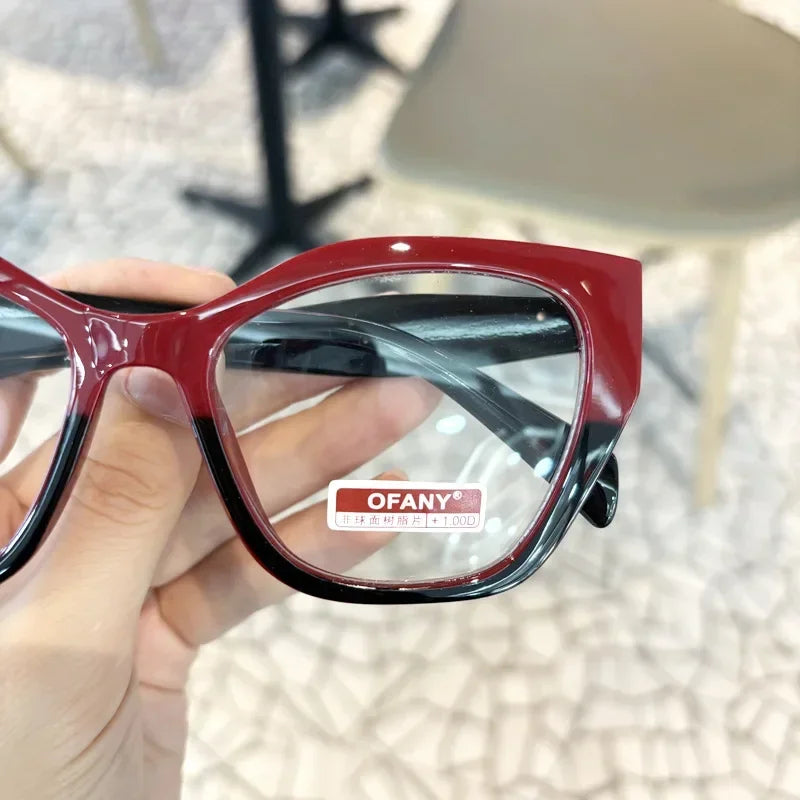 Women's Fashion Glasses Anti-Blue Light Trendy Luxury Large Frame Cat Eye Presbyopia Glasses Full Frame Premium Color Blocked