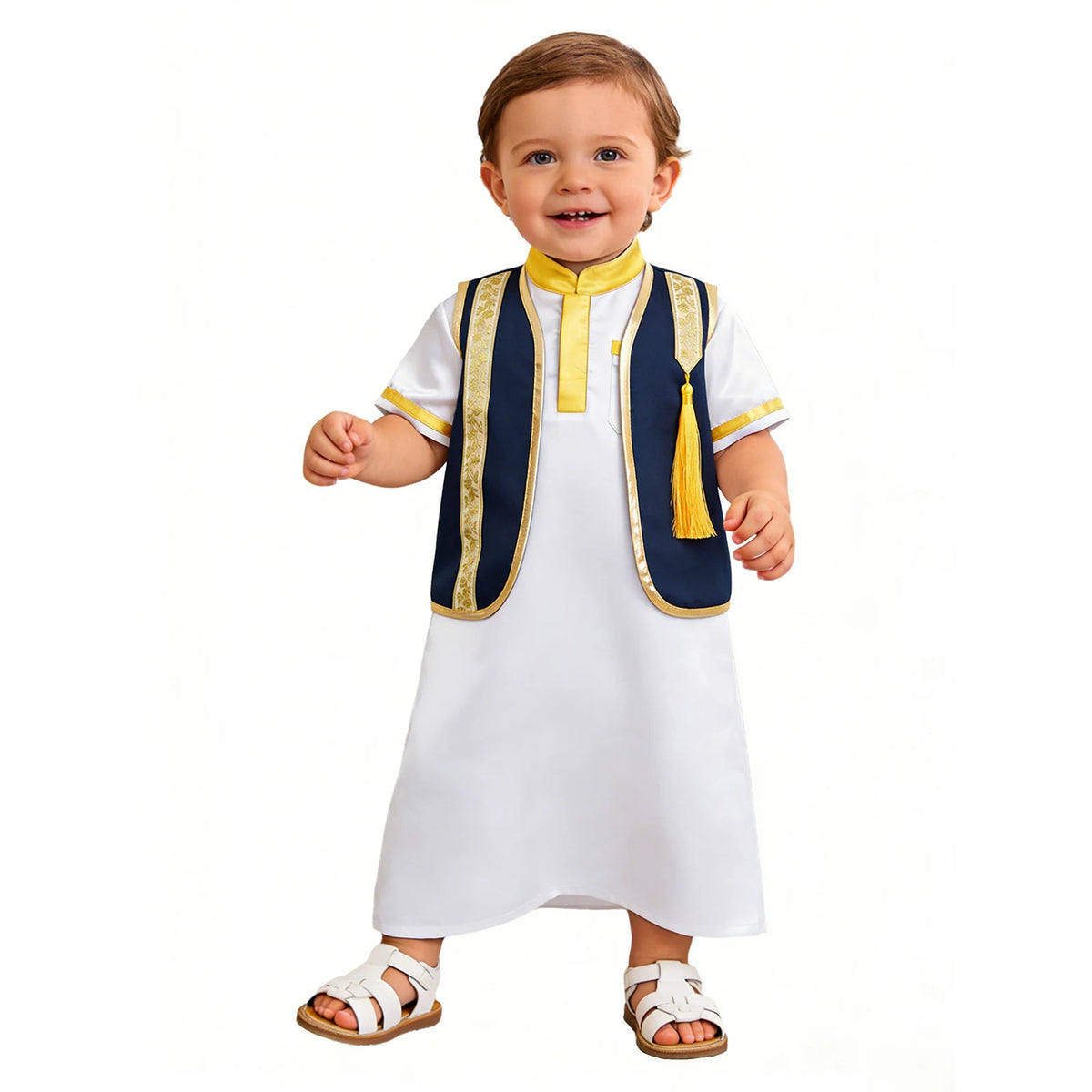 Muslim Baby Boys Robe Ramadan Eid Abaya Set Metallic Trim Arabic Islamic Kaftan Thobe Satin Gown with Open Front Tassel Vest