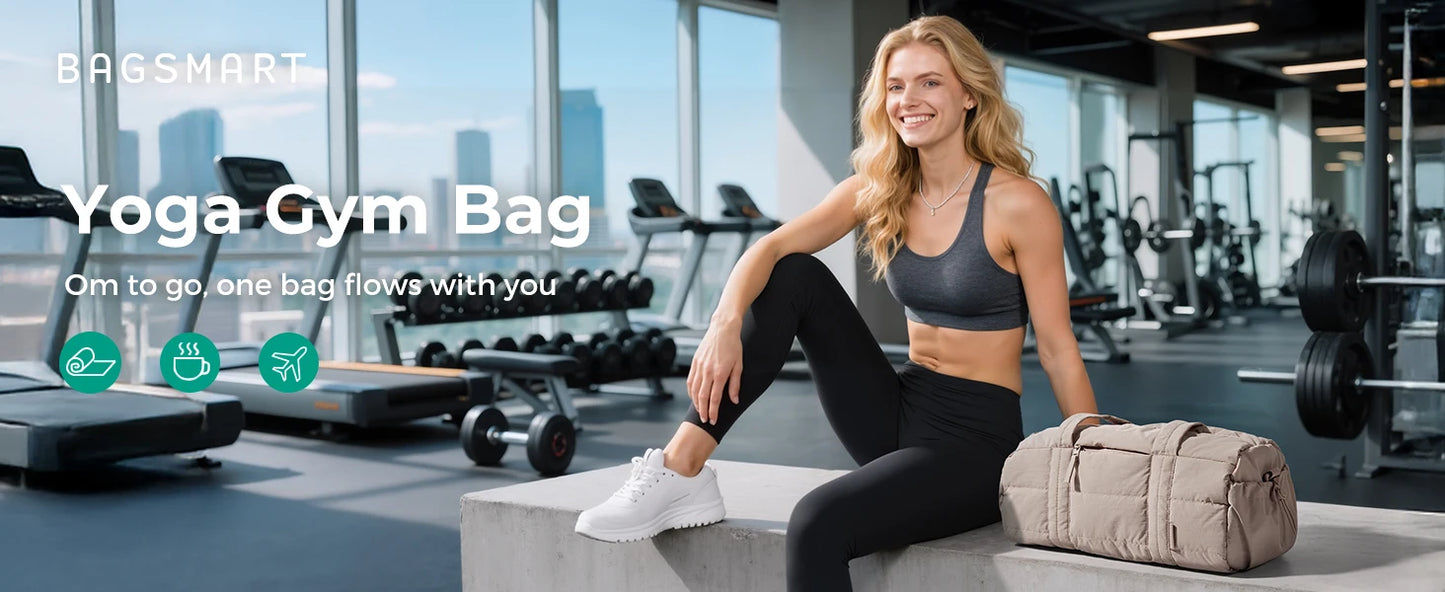 BAGSMART Travel Gym Bag for Women Yoga Mat Duffle Bag with Wet & Dry Pocket Quilted Sports Bag for Weekend Swimming