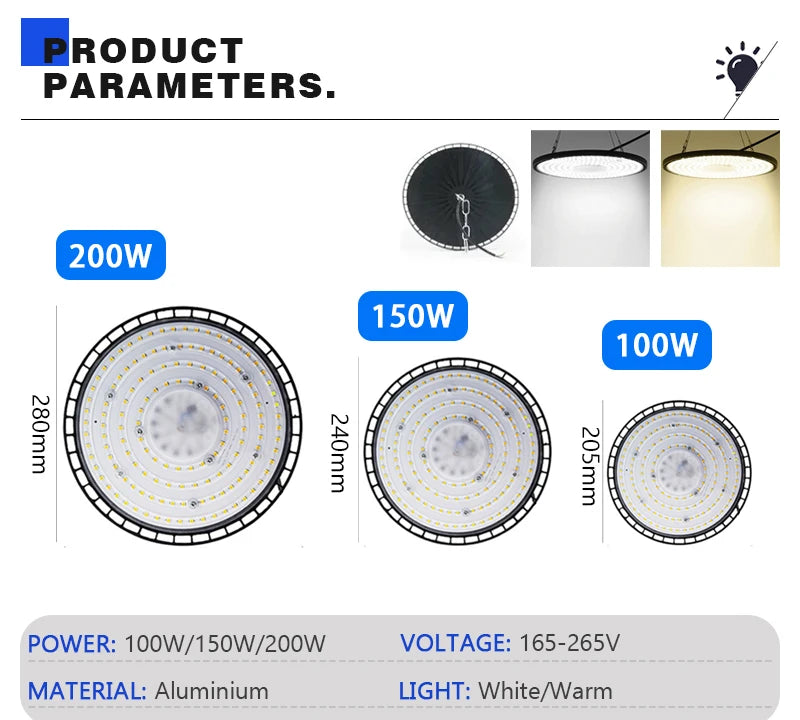Super Bright LED High Bay Light 100W 150W 200W Aluminum Case Waterproof Lamp Factory Market Warehouse Garage Industrial Lighting
