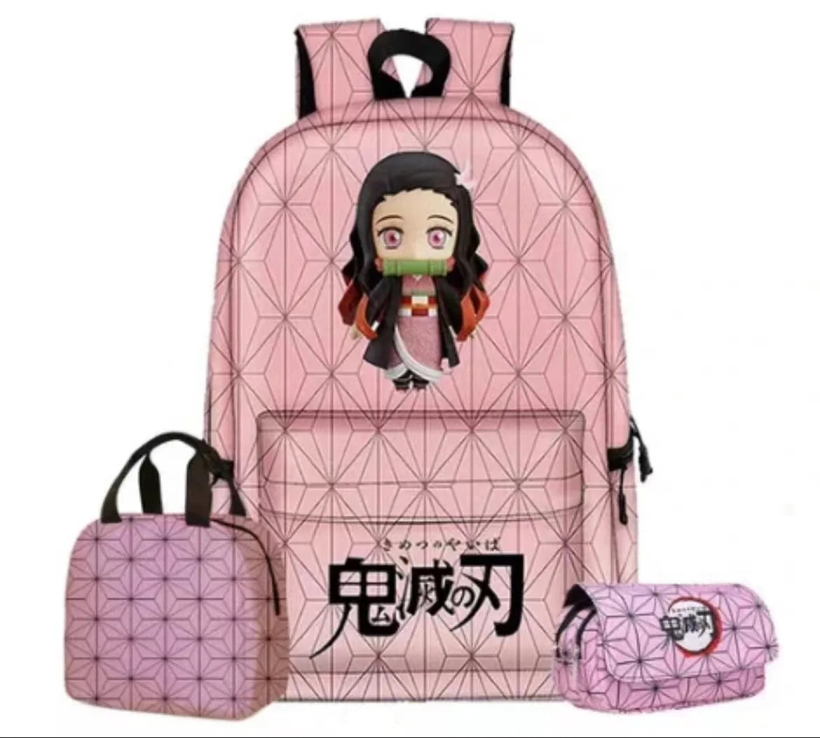 Demon Slayer Backpack Anime Print Large capacity School Bag 3 Piece Set Lunch Bag Pencil Case Tanjirou Nezuko Boy Girl Student