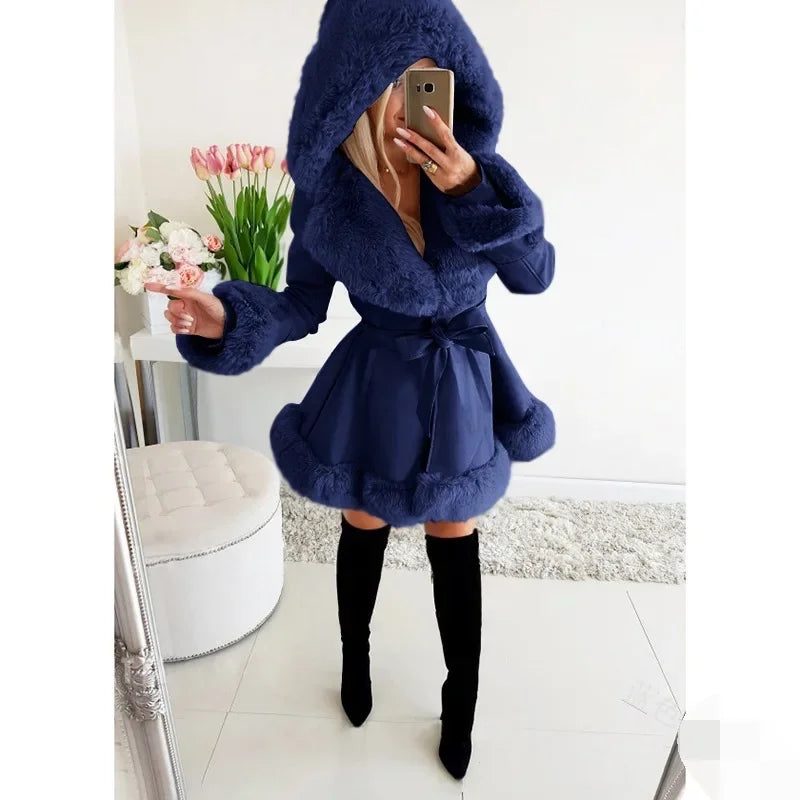 Warm Solid Color Lace-up Belt Fur Splicing New Women's Long-sleeved Ruffle Edge Hooded Jacket Parka
