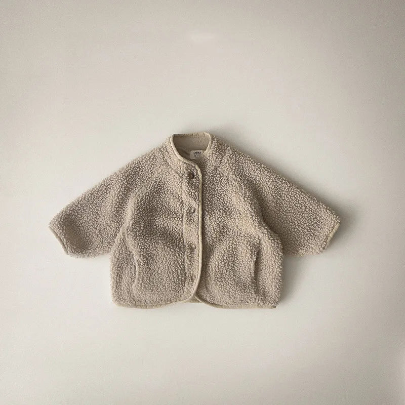 Spring Autumn Baby Kids Sherpa Fleece Jacket, Solid Color Loose Fit Warm Outerwear for Boys Girls Toddler 73-100