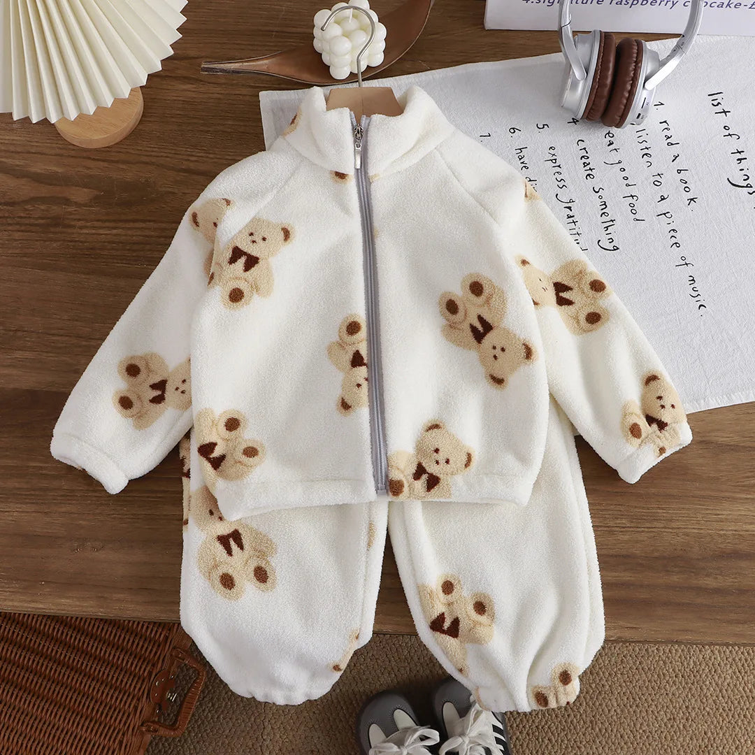 Toddler Baby Autumn and Winter Plus Velvet Thickened Set Cartoon Children's Home Clothes Shaking and Brushed Children's Set