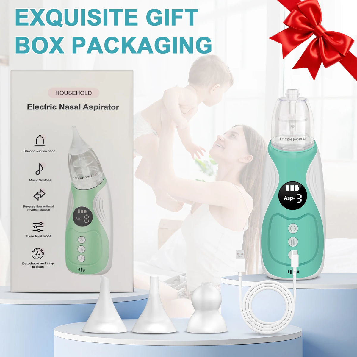 3 in 1 Electric Baby Nasal Aspirator Booger Mucus Sucker Nose Cleaner Nose Suction Device for Newborn & Toddlers Safe Gentle Use