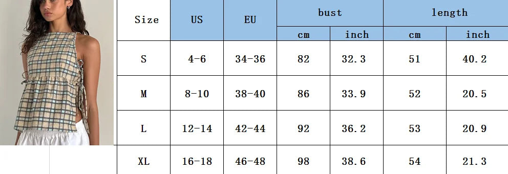 Cute Women Y2k Babydoll Tank Top Cute Tie Up Side Sleeveless Peplum Top Vintage Plaid Solid Cami Tank Top Coquette Streetwear