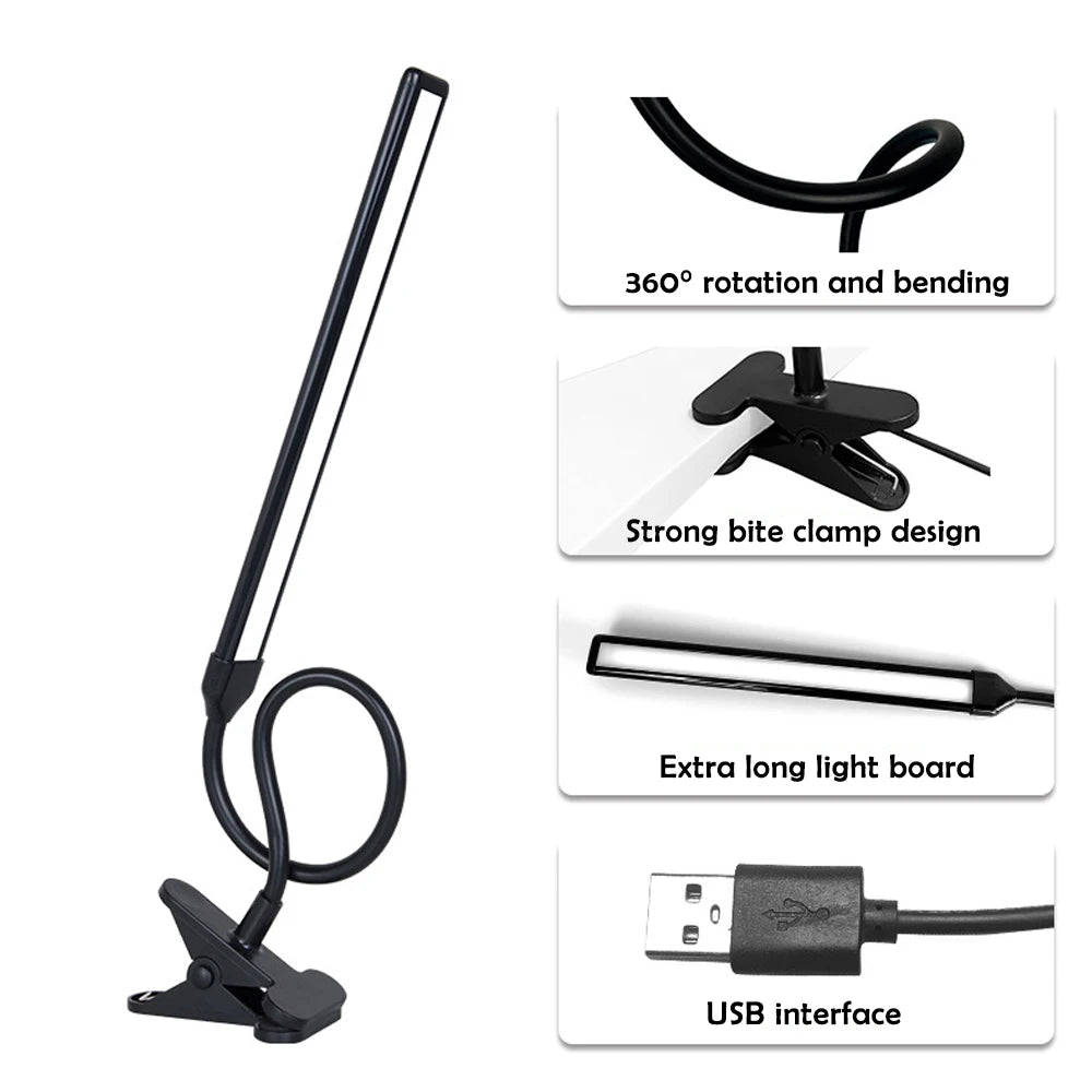 LED Single-Head Eye-Caring Desk Lamp 10 Brightness Levels 3 Lighting Mode Flexible Gooseneck Clamp Study Lamp USB PC Monito Lamp