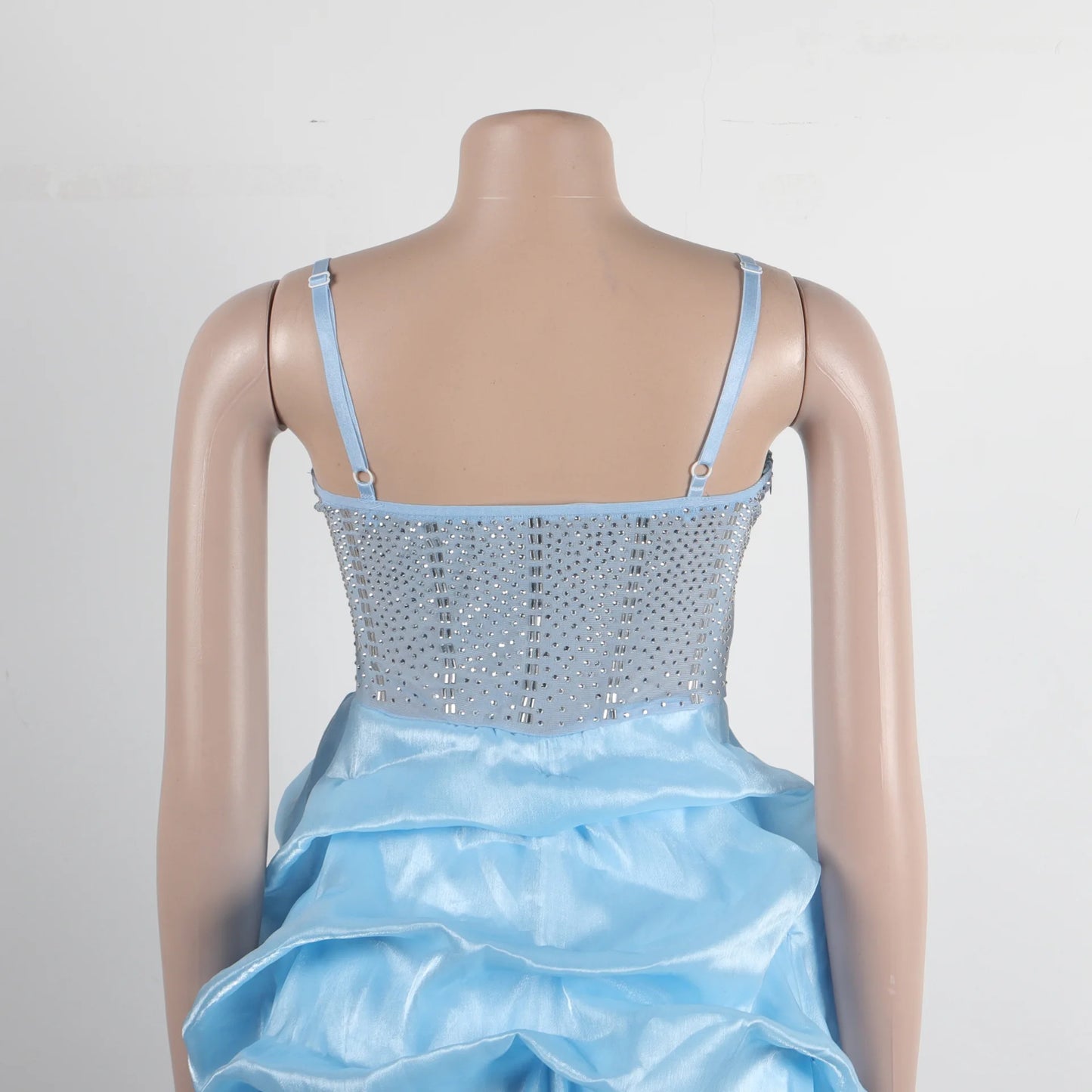 HBLL Sexy Rhinestone Bodycon Ruched Puff Suspenders Dresses Women Sheer Mesh Birthday Party Night Clubwear Summer Dresses Robes