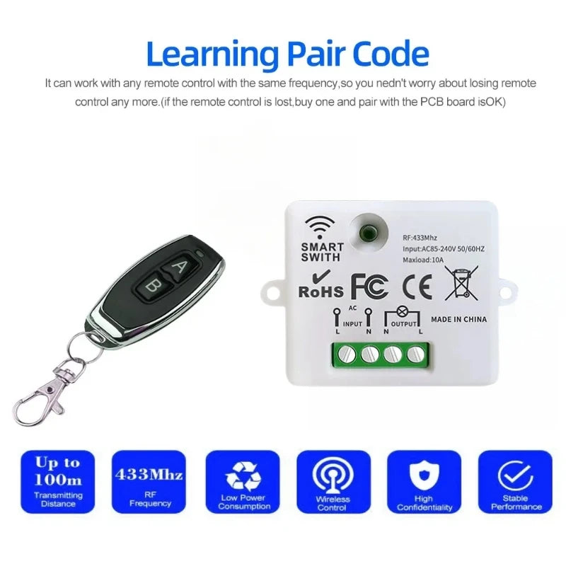 433MHz AC 110V 220V Wireless RF Remote Control Switch 1CH Relay Receiver With ON OFF Transmitter For Led Light Bulb DIY Control