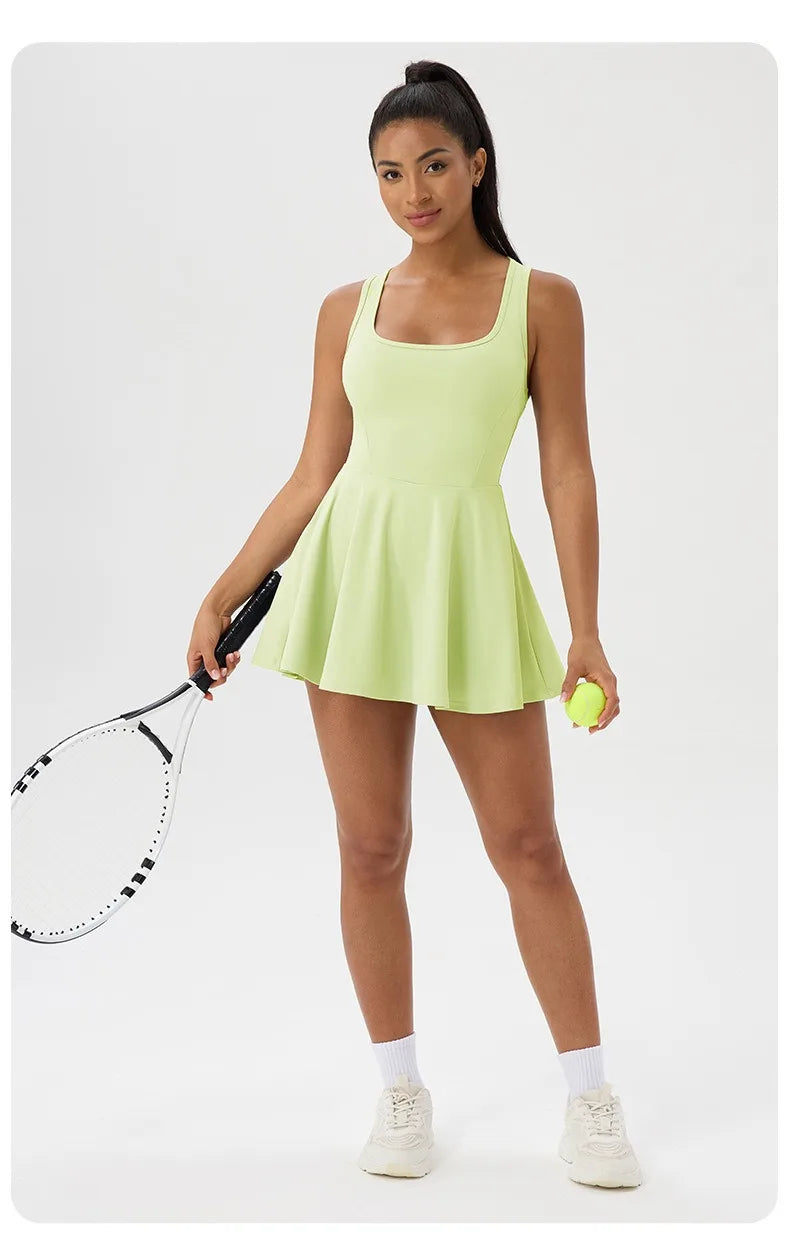 Women Summer Tennis Dress Breathable Quick-Dry Workout Dress Outdoor Sports Skirt Gym Yoga Short Dress Casual Athletic Skirt