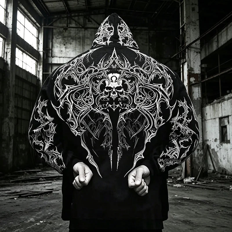 Men Gothic Skull Thorn Graphic Full Zip Up Hoodie Fleece Lined Long Sleeve Winter Punk Goth Streetwear Oversized Sweatshirt