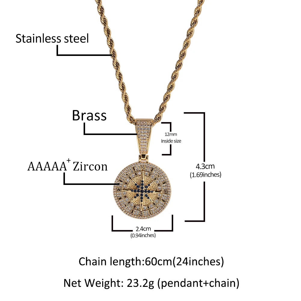 UWIN Compass Pendant Necklaces for Men Women Iced Out Black and White Cubic Zirconia Charms Fashion Jewelry for Gift