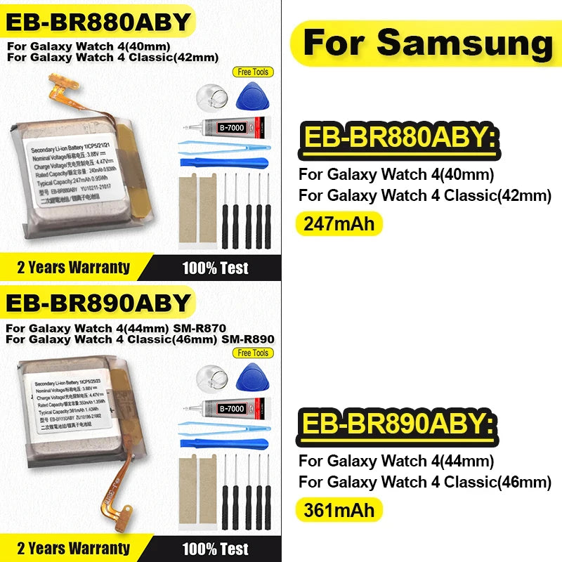 Battery EB-BR880ABY For Galaxy Watch 4/4Classic 40mm/42mm EB-BR890ABY For Galaxy Watch 4 4/4Classic 44mm/46mm R870 + Tools