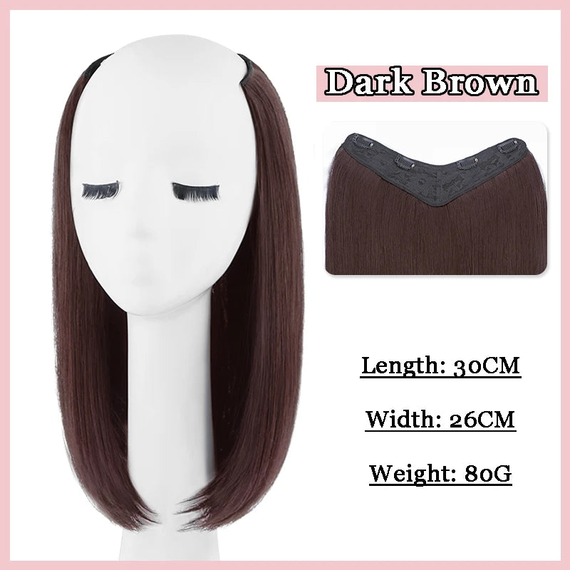 12Inch Synthetic V-shaped Layered 4 Clips Synthetic Long Straight Hair Extension Hairpiece Wig for Women